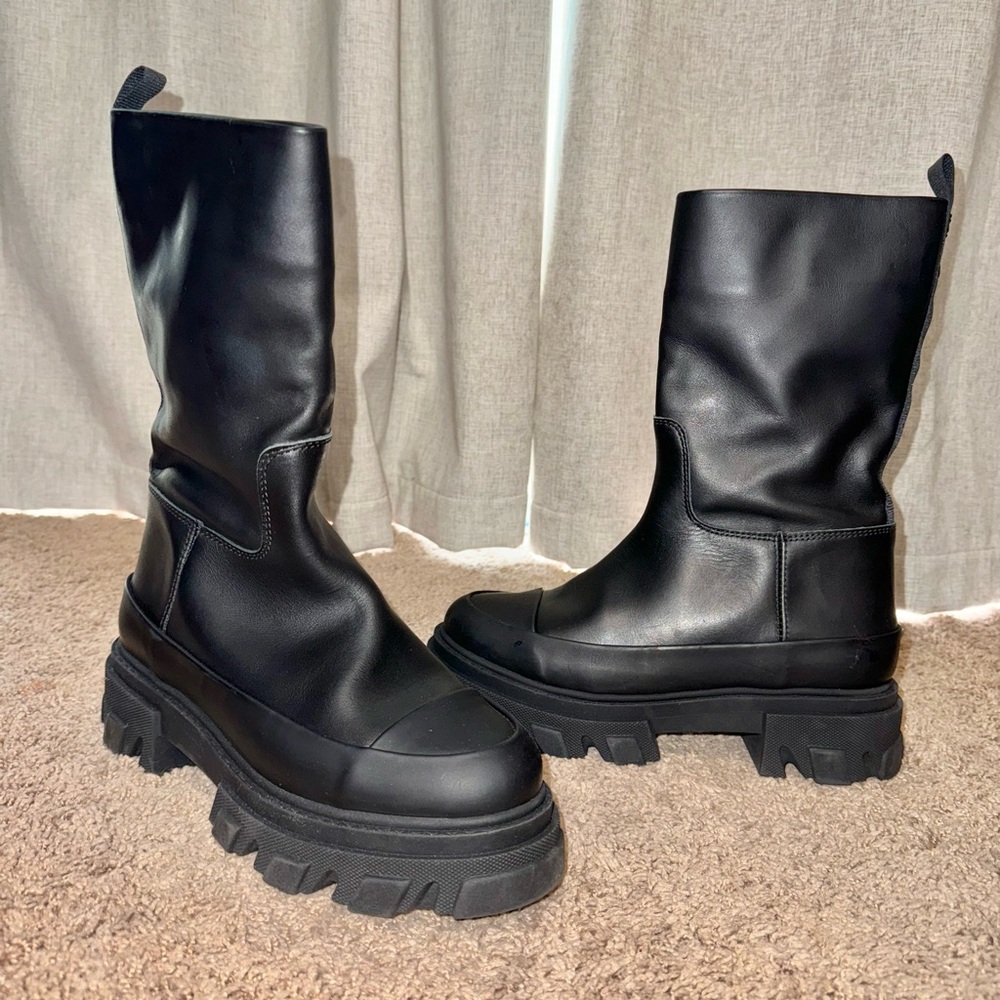 Ganni Tubular Leather Lug-Sole Moto Boots